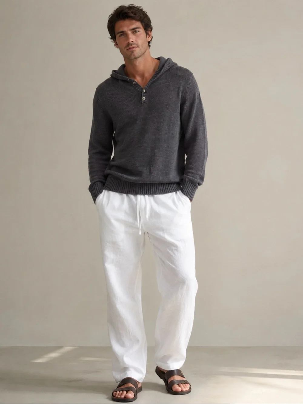 Vince 100% Linen Knit Hoodie Charcoal Gray SZ Medium Quiet Luxury Coastal EUC